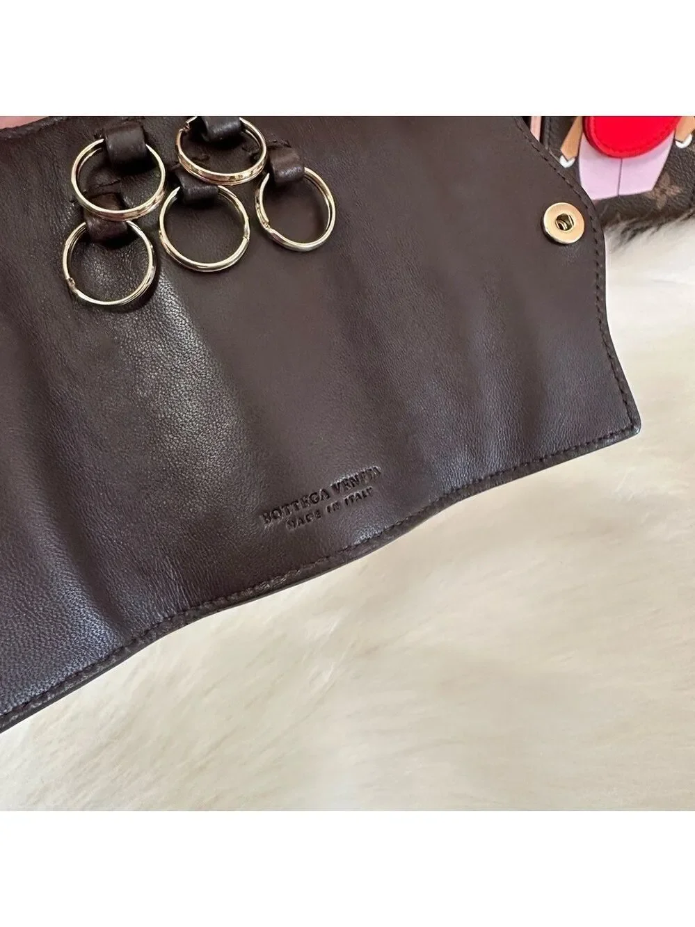 AUTHENTIC BOTTEGA VENETA INTRECCIATO WOVEN BROWN LEATHER 5 RING KEY CASE ITALY